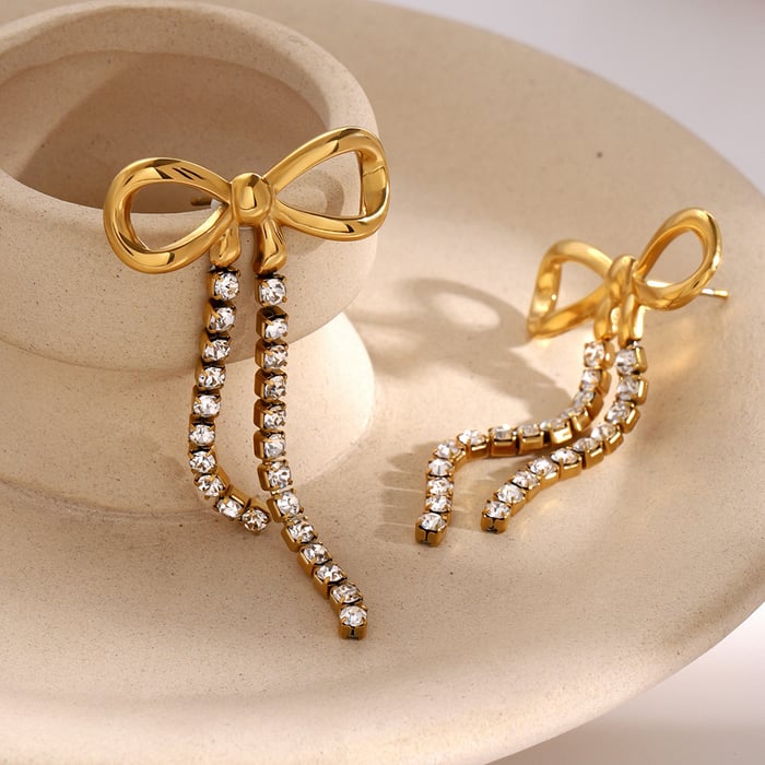 1 Pair Romantic Sweet Style Bow Knot Shape Stainless Steel  Gold Color Inlay Zircons Women's Drop Earrings 